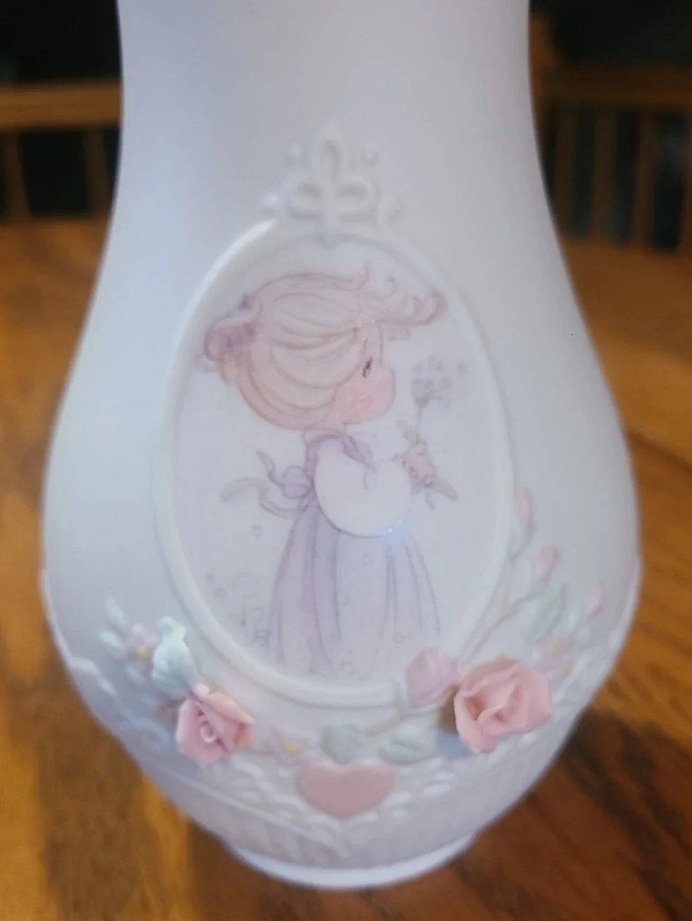 Precious Moments White and Pink Porcelain Vase with Girl Motif